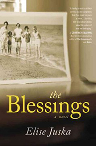 Book cover of "The Blessings" by Elise Juska, featuring a sepia-toned family photo in the background.