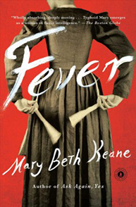 Cover of the book "Fever" by Mary Beth Keane, featuring a woman in a dark dress with hands tied behind her back.