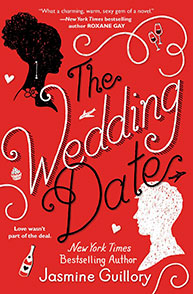 Red book cover titled "The Wedding Date" by Jasmine Guillory, featuring silhouettes of a woman and man with decorative elements.