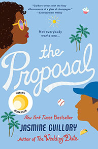 Book cover of "The Proposal" by Jasmine Guillory featuring illustrated profiles of a woman and a man with palm trees.