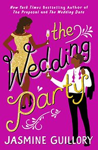 Bold pink cover of "The Wedding Party" by Jasmine Guillory, with illustrated characters in formal attire holding drinks.