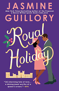 Cover of "Royal Holiday" by Jasmine Guillory, featuring a couple embracing against a purple background with holly.