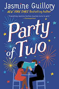 Cover of Jasmine Guillory's book "Party of Two" showing a couple sitting at a table, reading a book together.