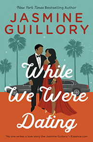 Book cover of "While We Were Dating" showing a couple in formal attire standing in front of a car with palm trees and starry sky.