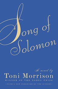 Blue cover of "Song of Solomon" by Toni Morrison, with elegant yellow script and modern typeface for the author's name.