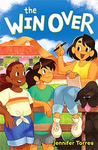 Three kids and a dog are gathered outside. One kid is writing, while the others watch. Text: “The Win Over” by Jennifer Torres.