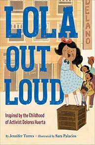 Book cover of "Lola Out Loud" shows a girl standing on a box, speaking confidently, surrounded by a cheering crowd.