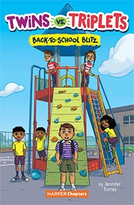 Children playing on a school playground. The book title is "Twins vs. Triplets: Back-to-School Blitz" by Jennifer Torres.