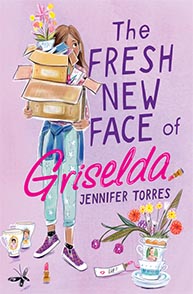 Girl holds box and book, surrounded by flowers on purple background. Text: "The Fresh New Face of Griselda, Jennifer Torres".