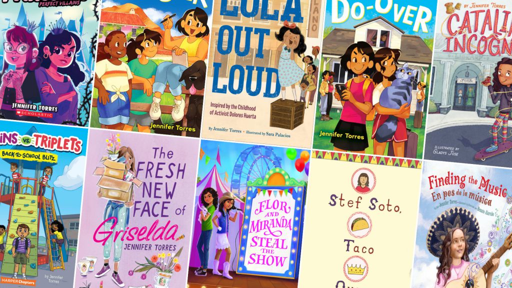 A collage of colorful children's book covers by various authors featuring diverse characters in different settings.