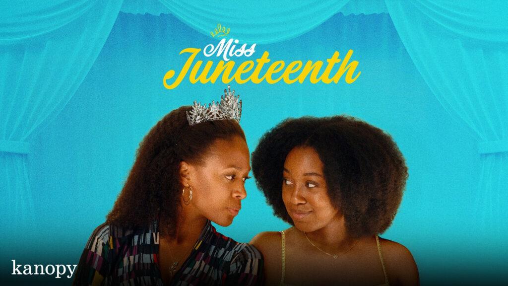 Two women with natural hair look at each other in front of a blue background with "Miss Juneteenth" text above.