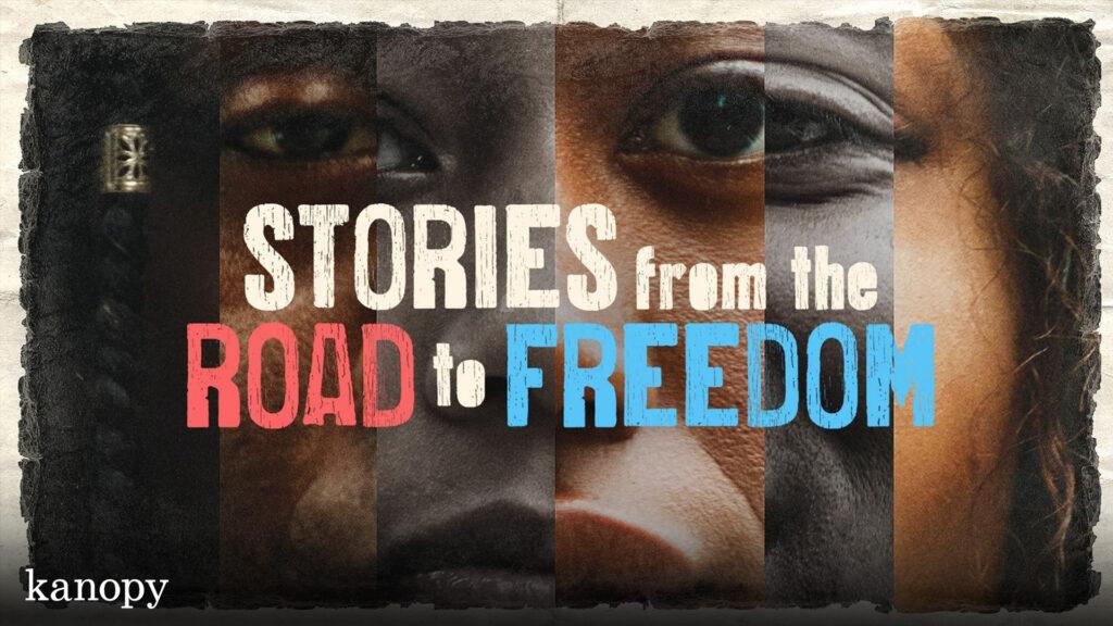 Close-up of three faces behind the text "Stories from the Road to Freedom" on a textured background.
