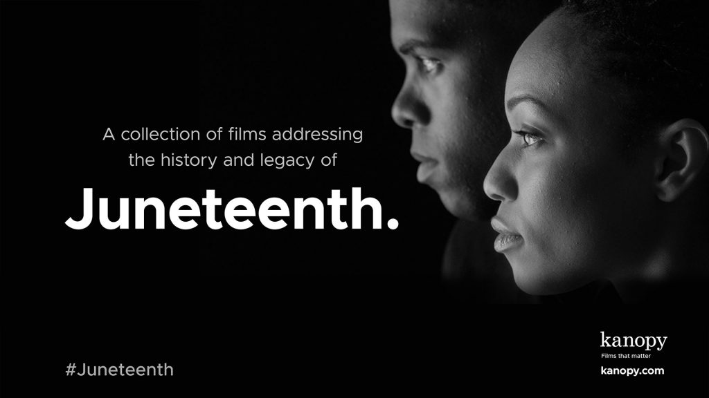 Black and white image of two people in profile with text about Juneteenth films on Kanopy. #Juneteenth.