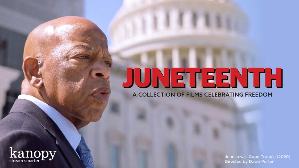 Civil rights leader stands in front of the U.S. Capitol with "Juneteenth" text celebrating freedom.
