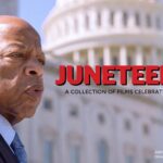 Civil rights leader stands in front of the U.S. Capitol with "Juneteenth" text celebrating freedom.