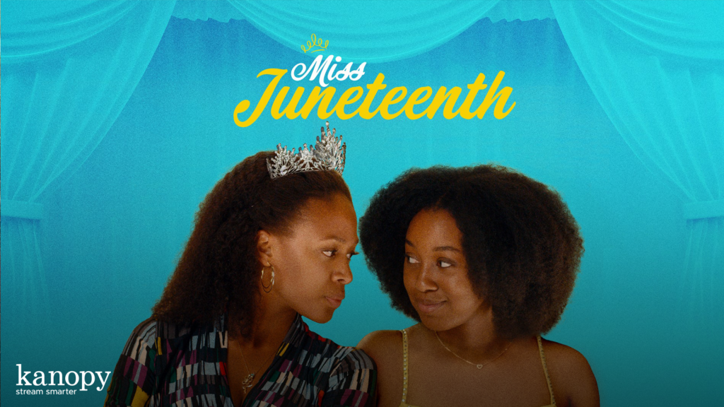 Two women, one wearing a crown, stand in front of a blue curtain with "Miss Juneteenth" written above them.