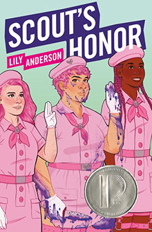 Three girls in pink scout uniforms, one with purple paint on her, stand in front of a "Scout's Honor" book title.