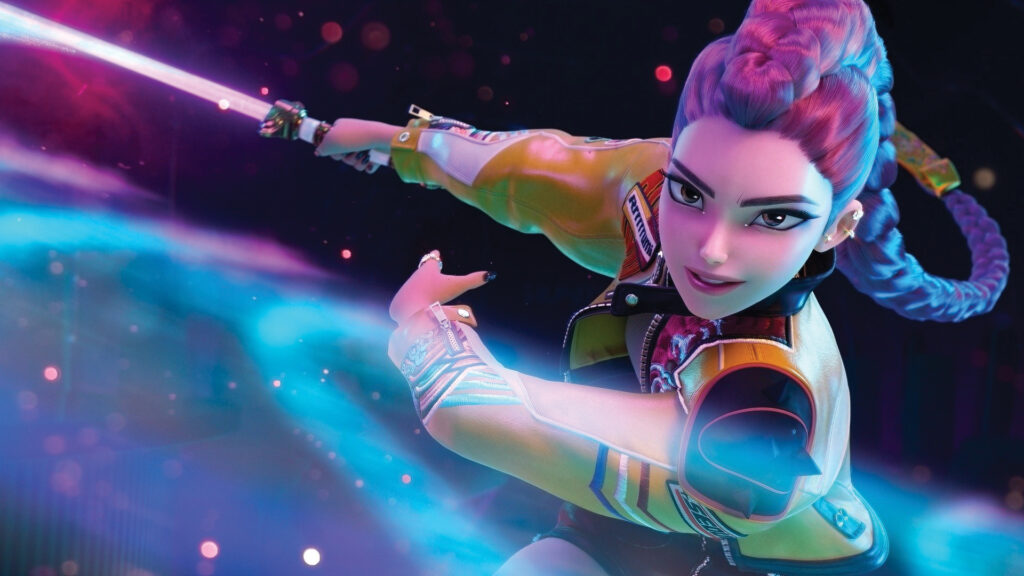 Animated woman with purple braided hair wields a glowing sword, wearing a yellow jacket in a dynamic pose.