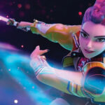 Animated woman with purple braided hair wields a glowing sword, wearing a yellow jacket in a dynamic pose.
