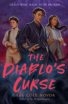 Three teens in period clothing stand confidently; title "The Diablo's Curse" in bold red letters is in front of them.