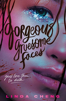 Close-up of a woman's face with glittery makeup and the title "Gorgeous Gruesome Faces" written artistically.