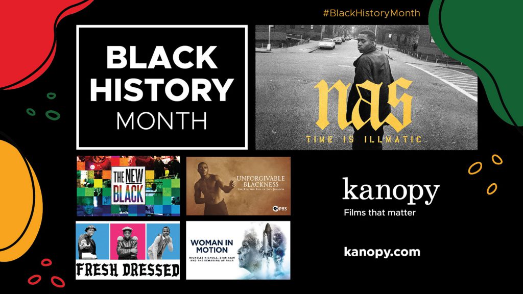 A collage promoting Black History Month with various film covers and the Kanopy logo and website.