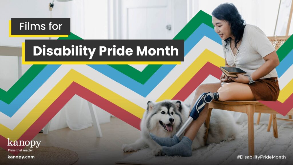 A woman with a prosthetic leg sits on a chair with her dog, with text promoting Disability Pride Month films.