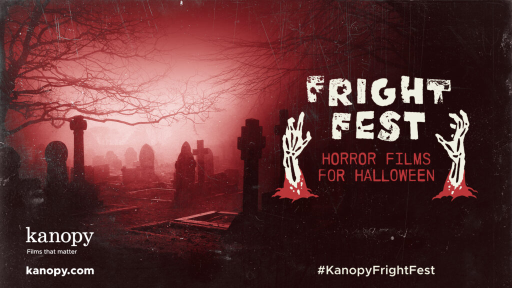 A cemetery scene with fog and tombstones promoting Fright Fest: Horror Films for Halloween on Kanopy. #KanopyFrightFest.