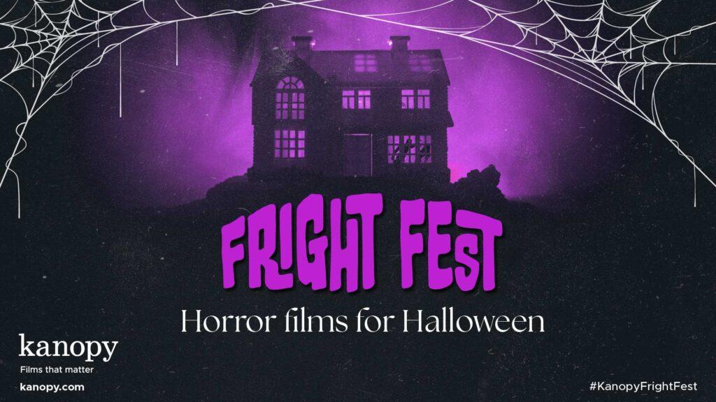 A haunted house with a purple background and text: "Fright Fest - Horror films for Halloween." Cobwebs in corners.