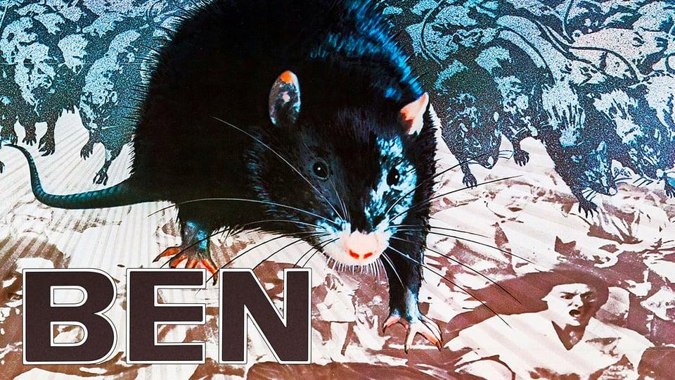 Illustration of a black rat with text "BEN" and vintage imagery of frightened people and rats in the background.