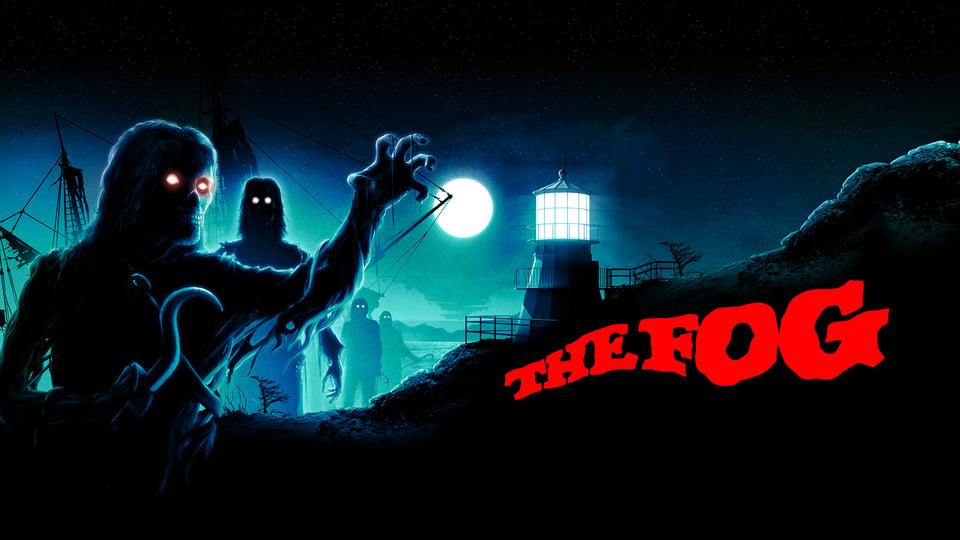 Silhouettes of eerie figures with glowing eyes near a lighthouse under a full moon. Bold red text reads "The Fog.