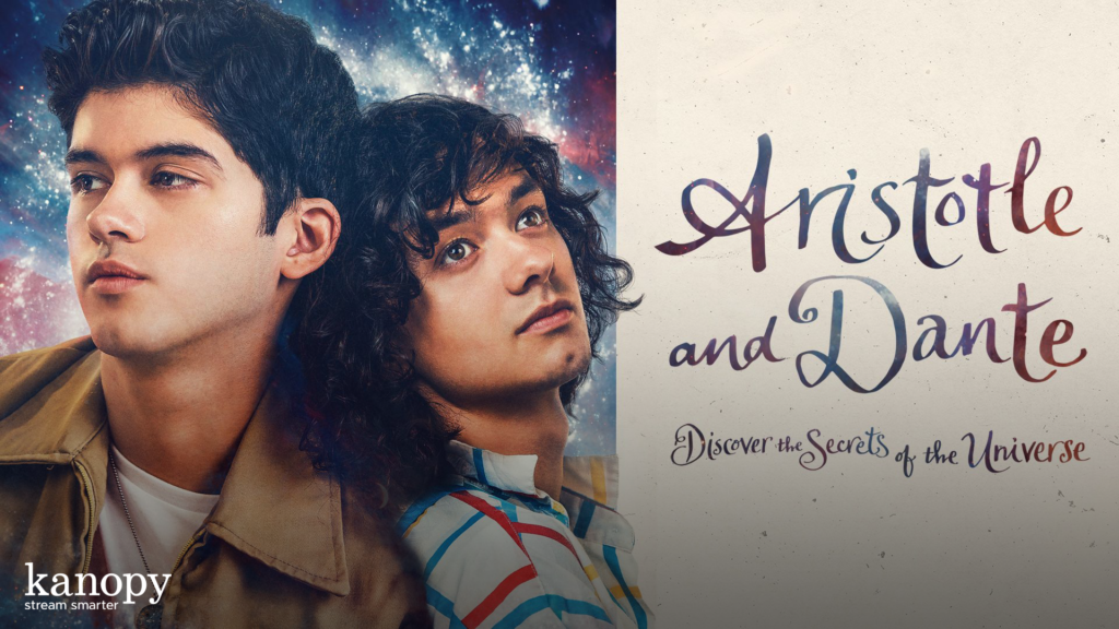 Two teens sit back to back under a starry sky; text reads “Aristotle and Dante.”.