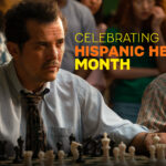 Man playing chess with people watching; text: “Celebrating Hispanic Heritage Month.”.