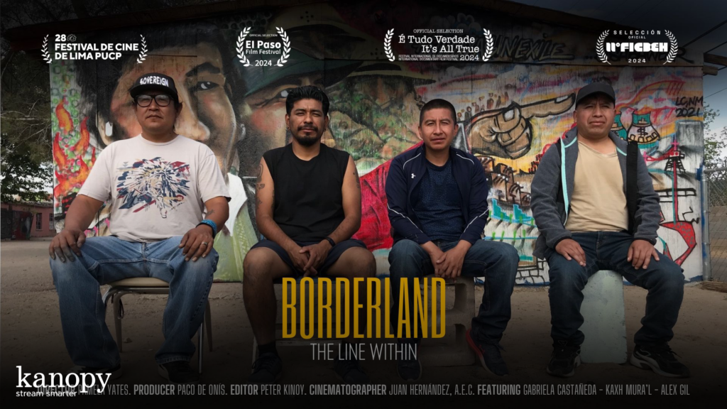 Four men sit on chairs in front of a colorful mural; “Borderland: The Line Within” title is centered below them.