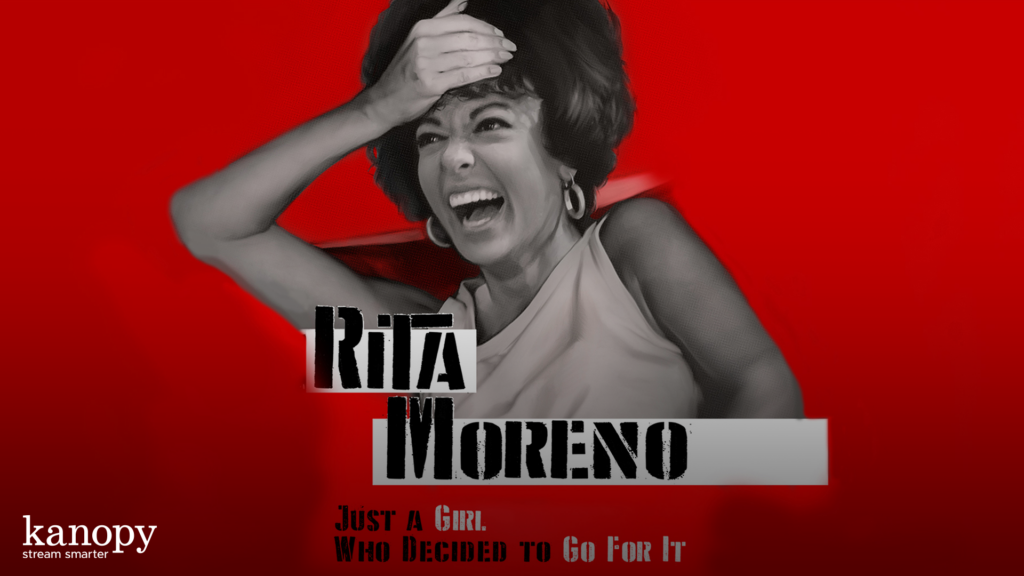 Black and white photo of a laughing woman with text: “Rita Moreno: Just a Girl Who Decided to Go for It.”.