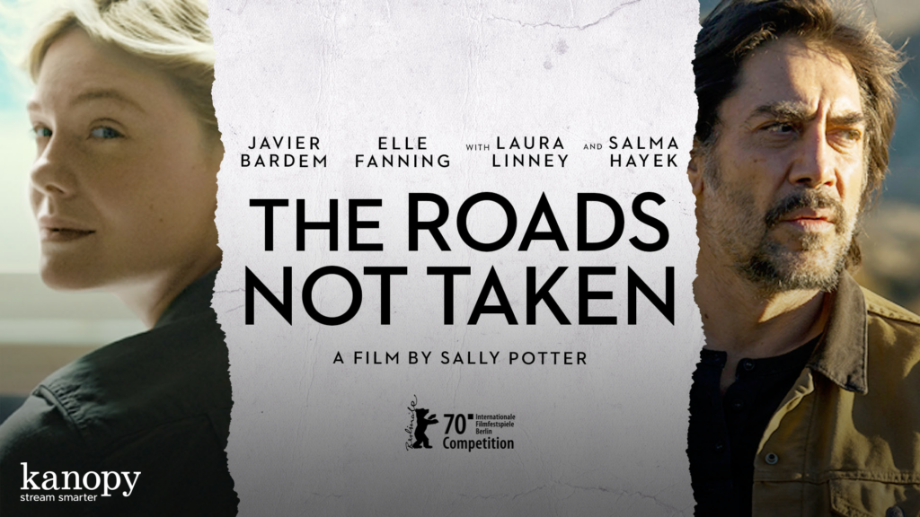 Two people flank a torn paper with the text “The Roads Not Taken, a film by Sally Potter” at the center.