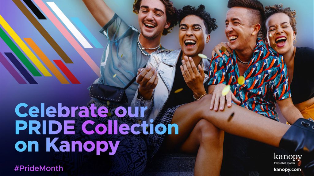 Four happy individuals celebrating together with colorful stripes and text promoting Kanopy's PRIDE Collection. #PrideMonth.