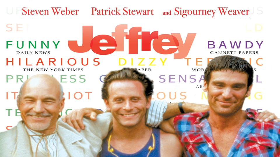 Three smiling people with colorful words behind them and the title "Jeffrey" in large, orange text.