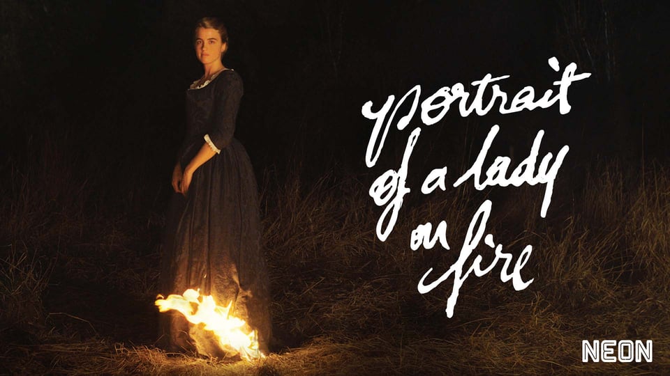 A woman in a dark dress stands in a field at night; her dress hem is on fire. Text: "Portrait of a Lady on Fire.