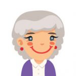 Cartoon drawing of a smiling elderly woman with grey hair, wearing a purple top and red earrings.