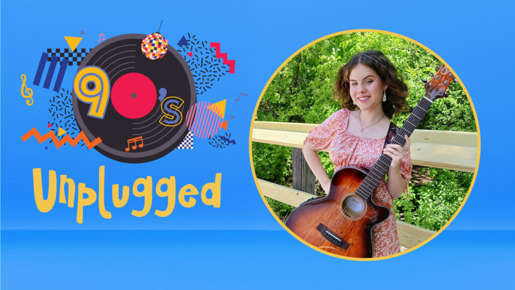 90s Unplugged graphic with a record and a woman holding a guitar, smiling outdoors by a wooden fence.
