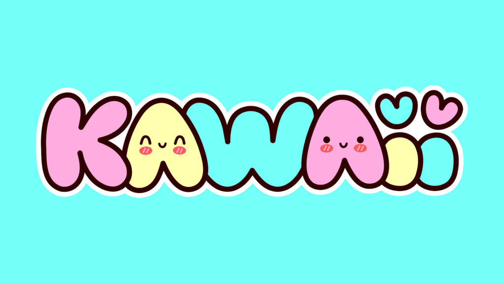 Kawaii text with smiling faces and hearts, in pastel colors on a bright blue background.