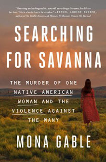 Book cover of "Searching for Savanna" by Mona Gable with a woman in a red dress standing in a grassy field at sunset.