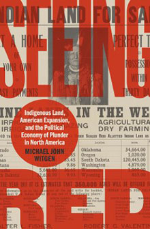 Book cover of "Seeing Red" featuring text about indigenous land and political economy, with an overlay of red letters.