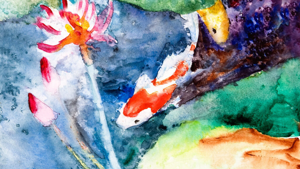 Watercolor painting of a koi fish swimming near pink water lilies in a colorful pond.