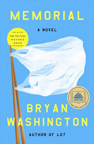 Cover of the book "Memorial" by Bryan Washington showing a white flag against a blue background with accolades.