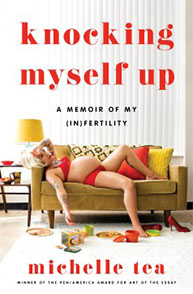 Knocking Myself Up" book cover showing a woman in red lingerie reclining on a cluttered sofa.