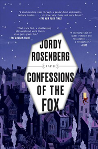 Book cover of "Confessions of the Fox" by Jordy Rosenberg, featuring cityscape and book reviews on a purple background.