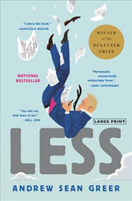 Book cover of "Less" by Andrew Sean Greer, showing a man in a suit falling against a light blue background with various endorsements.