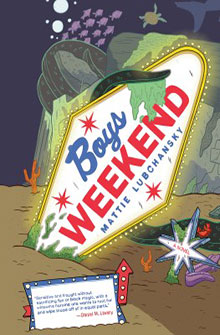 Cartoon-style book cover showing a neon sign reading "Boys Weekend" by Mattie Lubchansky, underwater-themed background.